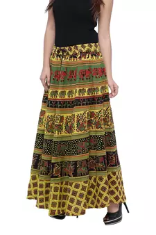 Green Cotton Long Printed  Skirt