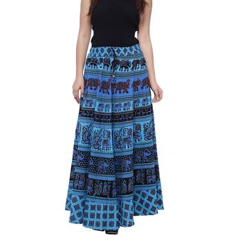 Blue Cotton Long Printed  Skirt 1