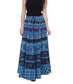 Blue Cotton Long Printed  Skirt