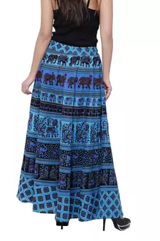Blue Cotton Long Printed  Skirt
