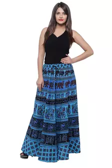 Blue Cotton Long Printed  Skirt