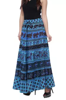 Blue Cotton Long Printed  Skirt