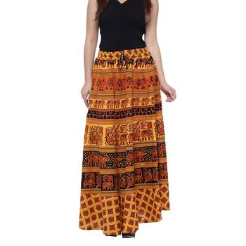 Yellow Cotton Long Printed  Skirt 1
