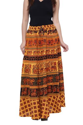 Yellow Cotton Long Printed  Skirt