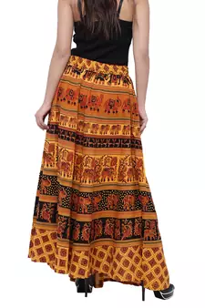 Yellow Cotton Long Printed  Skirt