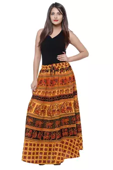 Yellow Cotton Long Printed  Skirt