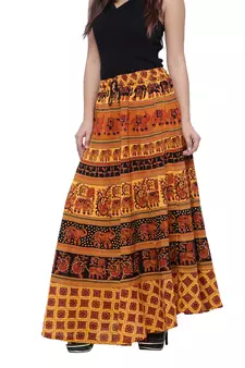 Yellow Cotton Long Printed  Skirt