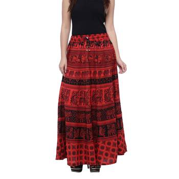 Red Cotton Long Printed  Skirt 1
