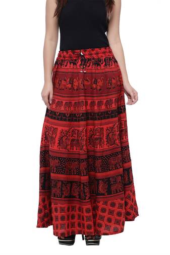 Red Cotton Long Printed  Skirt