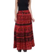 Red Cotton Long Printed  Skirt
