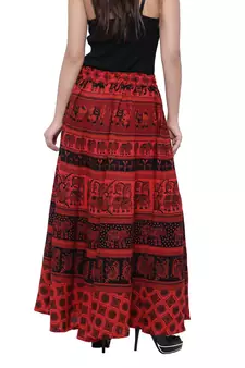 Red Cotton Long Printed  Skirt