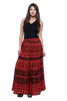 Red Cotton Long Printed  Skirt