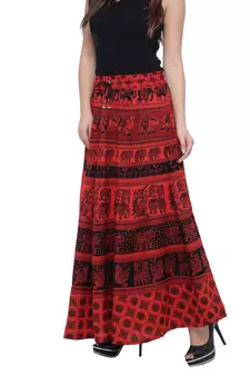 Red Cotton Long Printed  Skirt