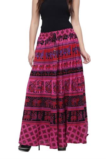 Pink Cotton Long Printed  Skirt