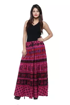 Pink Cotton Long Printed  Skirt