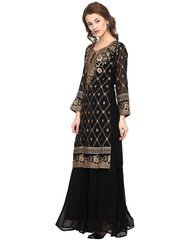 Black printed georgette stitched kurtas-and-kurtis