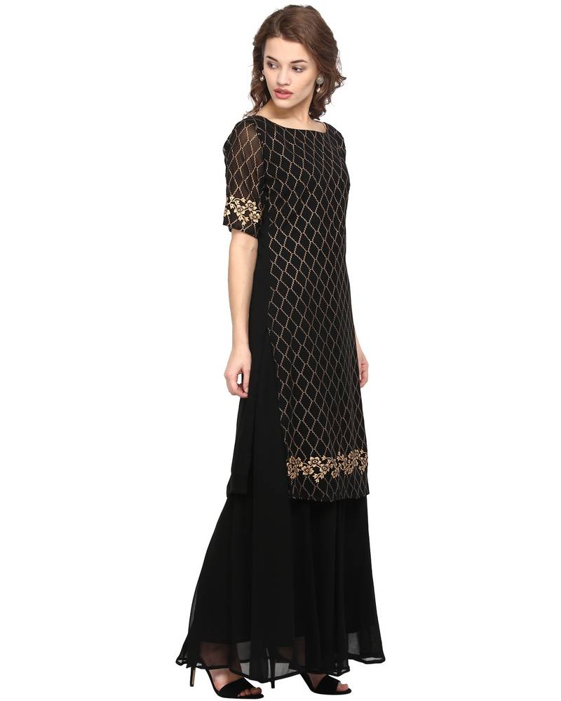 Black printed georgette stitched kurtas-and-kurtis