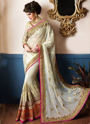 Light white embroidered faux georgette saree with blouse 1