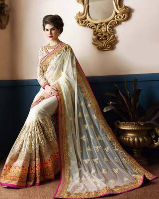 Light white embroidered faux georgette saree with blouse 2