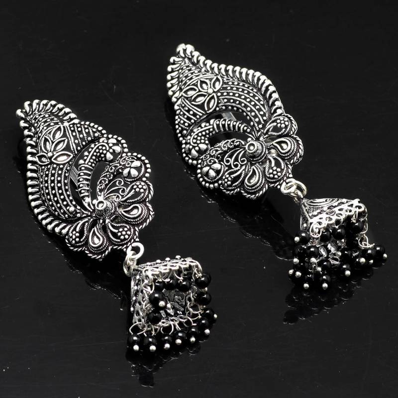 Black Color Oxidised Silver Plated Traditional Ear Cuff Jhumka Earrings