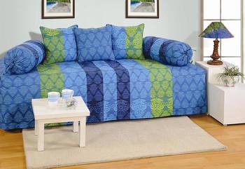 Blue and Green Colour Stripes and Floral Diwan Set with Bolster and Cushion Covers 1