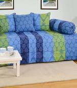 Blue and Green Colour Stripes and Floral Diwan Set with Bolster and Cushion Covers