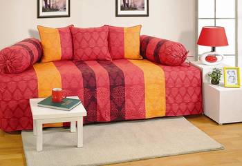 Red and Maroon Colour Stripes and Floral Diwan Set with Bolster and Cushion Covers 1