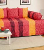 Red and Maroon Colour Stripes and Floral Diwan Set with Bolster and Cushion Covers