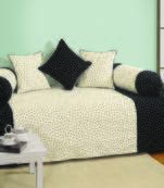 Black and White Colour Floral Diwan Set with Bolster and Cushion Covers