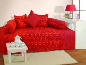 Orange and Magenta Colour Ethnic Diwan Set with Bolster and Cushion Covers 1