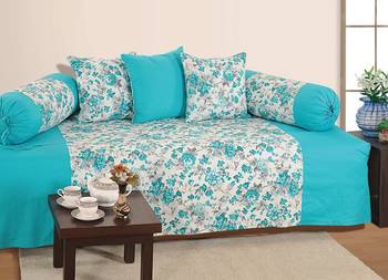 Teal and White Colour Floral Diwan Set with Bolster and Cushion Covers 1