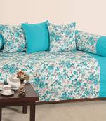 Teal and White Colour Floral Diwan Set with Bolster and Cushion Covers