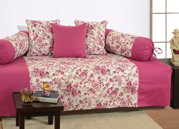 Magenta and Off White Colour Floral Diwan Set with Bolster and Cushion Covers 1