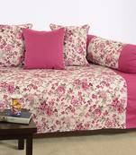 Magenta and Off White Colour Floral Diwan Set with Bolster and Cushion Covers