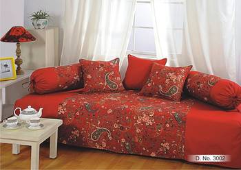 Wine and Yellow Colour Floral Diwan Set with Bolster and Cushion Covers 1