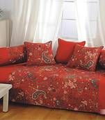 Wine and Yellow Colour Floral Diwan Set with Bolster and Cushion Covers