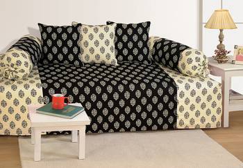 Black and Off White Colour Ethnic Diwan Set with Bolster and Cushion Covers 1