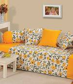 Yellow and White Colour Floral Diwan Set with Bolster and Cushion Covers
