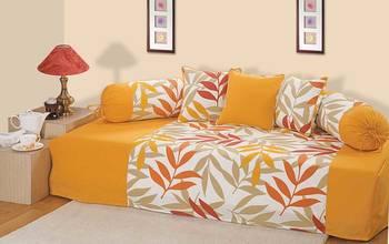 Yellow and Green Colour Leaf Pattern Diwan Set with Bolster and Cushion Covers 1
