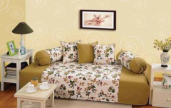 Sea Green and Off White Colour Floral Diwan Set with Bolster and Cushion Covers 1