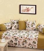 Sea Green and Off White Colour Floral Diwan Set with Bolster and Cushion Covers