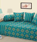 Turquoise and Gold Colour Ethnic Diwan Set with Bolster and Cushion Covers