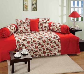 Red and White Colour Floral Diwan Set with Bolster and Cushion Covers 1