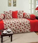 Red and White Colour Floral Diwan Set with Bolster and Cushion Covers