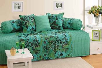 Green and Sea Green Colour Floral Diwan Set with Bolster and Cushion Covers 1