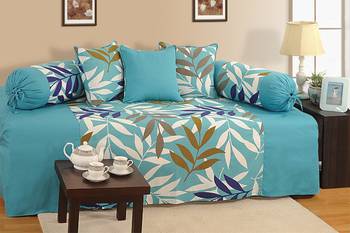 Turquoise and Blue Colour Leaf Pattern Diwan Set with Bolster and Cushion Covers 1