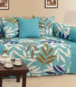 Turquoise and Blue Colour Leaf Pattern Diwan Set with Bolster and Cushion Covers