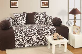 Brown and Off White Colour Floral Diwan Set with Bolster and Cushion Covers 1