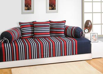 Navy Blue and Red Colour Stripes Diwan Set with Bolster and Cushion Covers 1