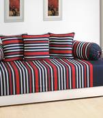 Navy Blue and Red Colour Stripes Diwan Set with Bolster and Cushion Covers